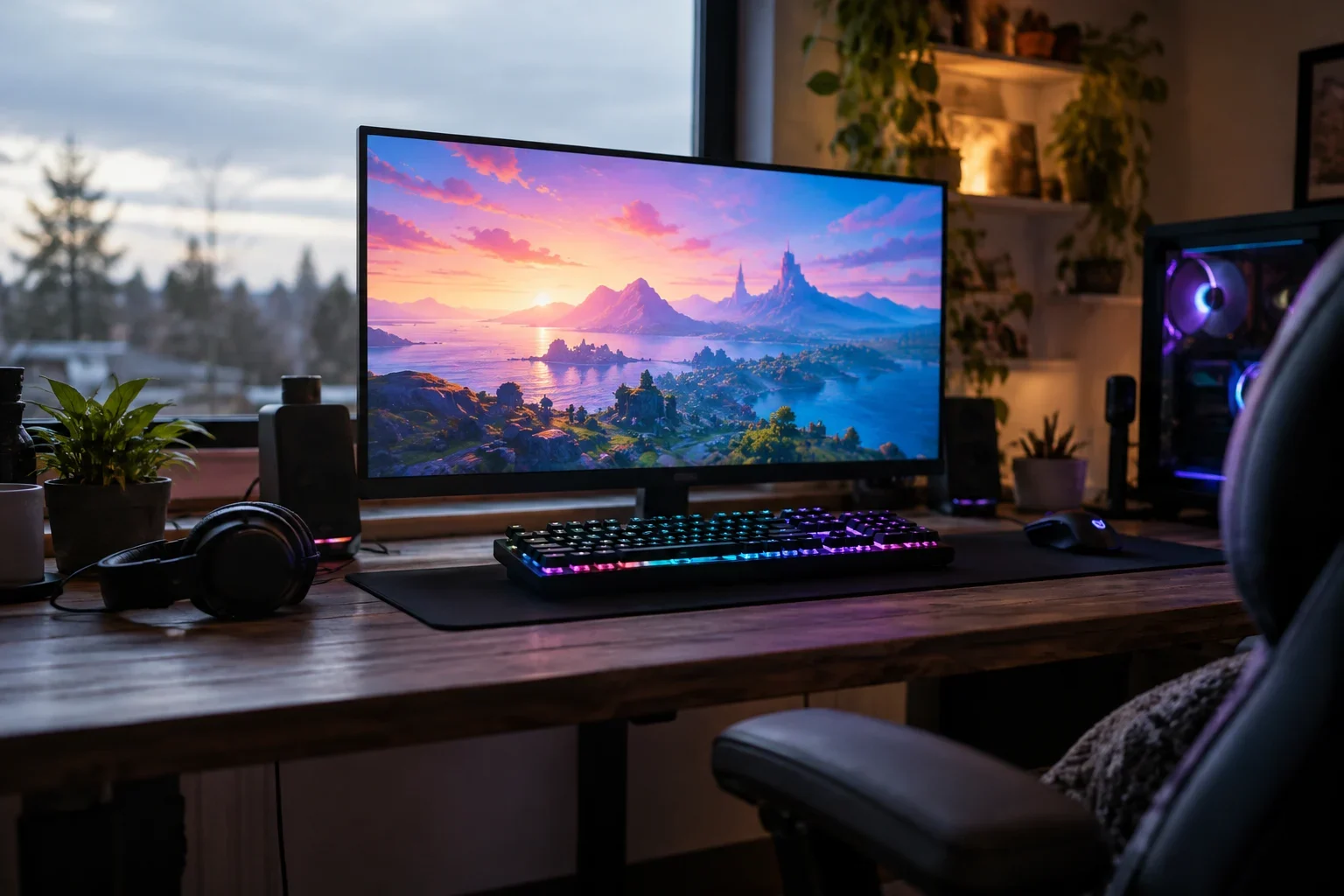 AI-generated illustration; not taken on location · RGB-lit gaming desk and monitor for a Fortnite username generator cover