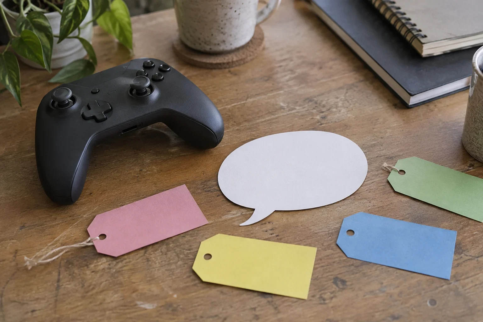 AI-generated illustration; not taken on location · A stylized illustration of game controller, speech bubble, and colorful name tags, representing Discord naming themes.