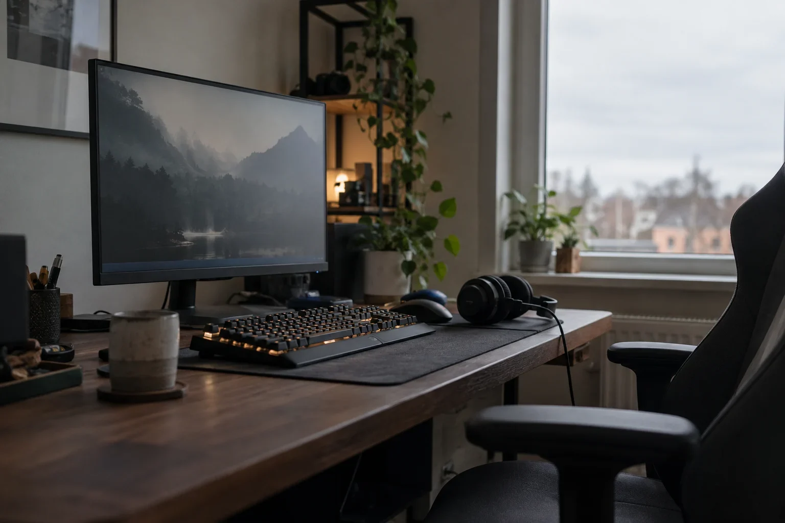AI-generated illustration; not taken on location · Illustration of a sleek gaming desk with glowing keyboard and headset