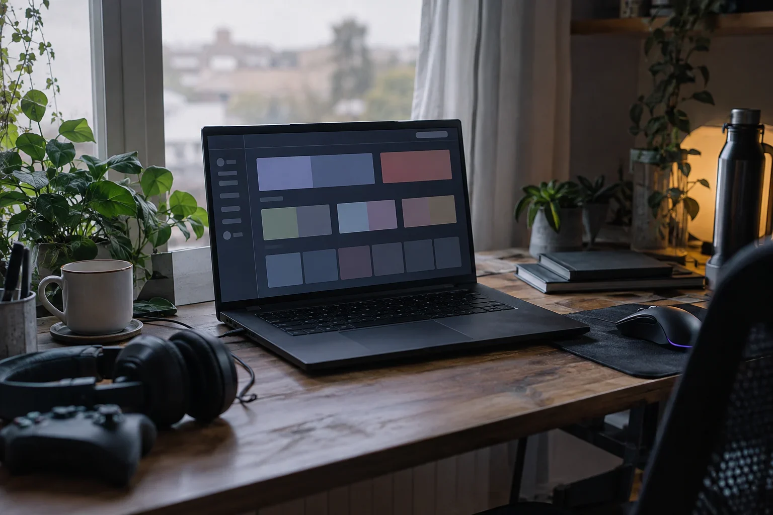 AI-generated illustration; not taken on location · Illustration of a gaming desk with a laptop displaying abstract name tiles.