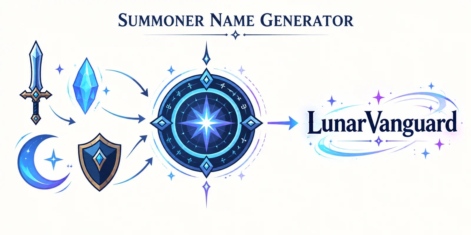 AI-generated illustration; not taken on location · Stylized illustration of a name generator with fantasy icons and a glowing text output