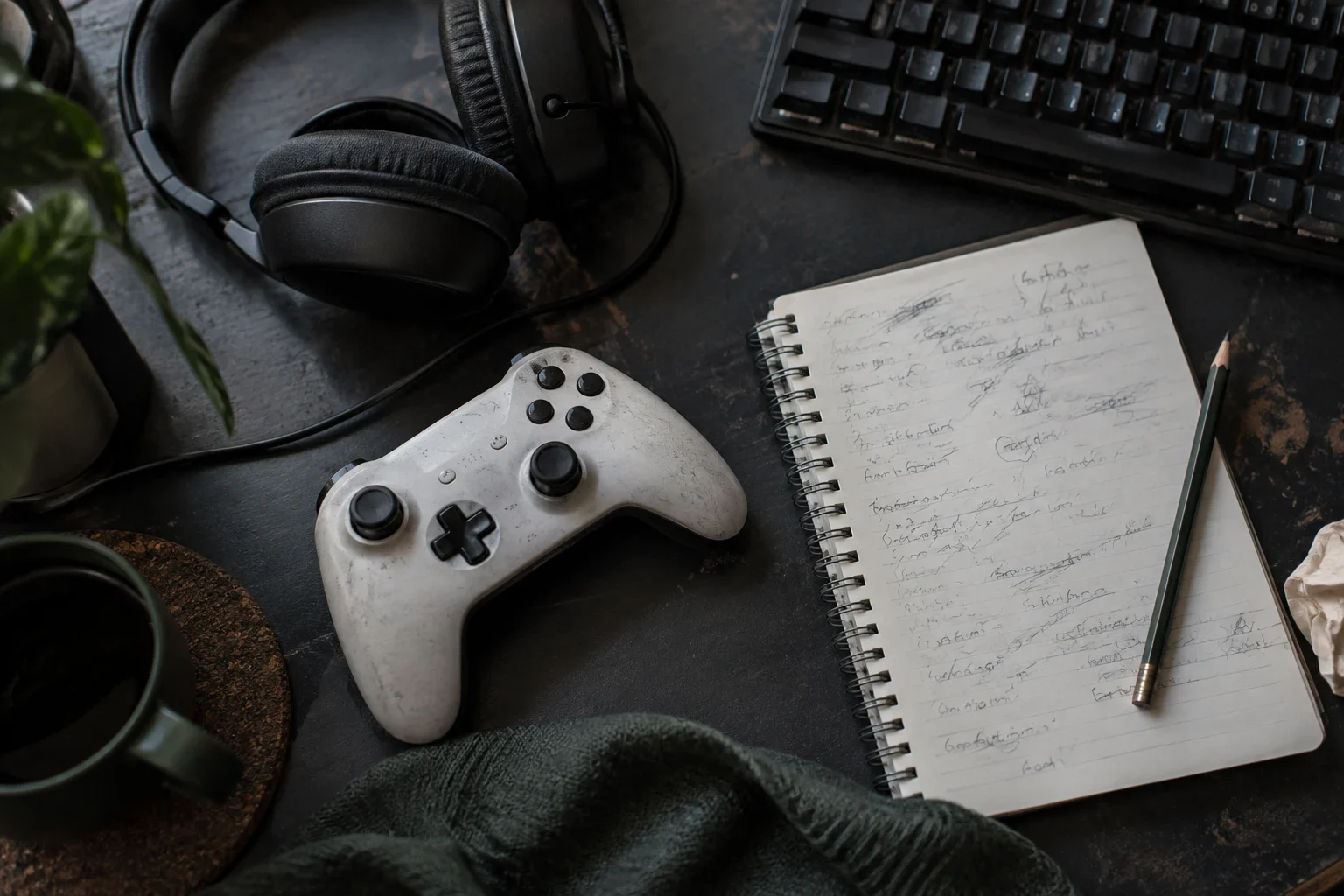 AI-generated illustration; not taken on location · An illustrative flat-lay of gaming gear and a notepad with scribbled name ideas, representing name generation.
