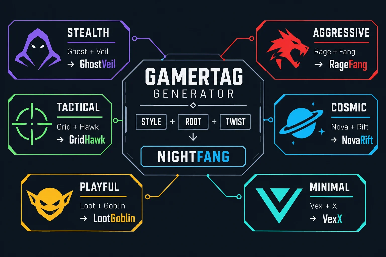 AI-generated illustration; not taken on location · Dark concept board with six gamertag style lanes around a central generator panel and sample name patterns.
